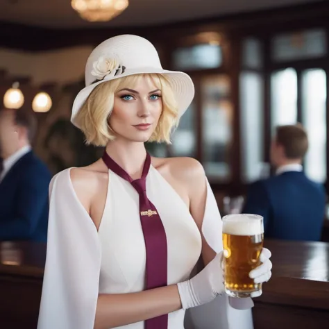 cinematic photo a woman, short blonde hair,  blue eyes, gloves, necktie, white dress, hat flower, handbag, large breast, having ...