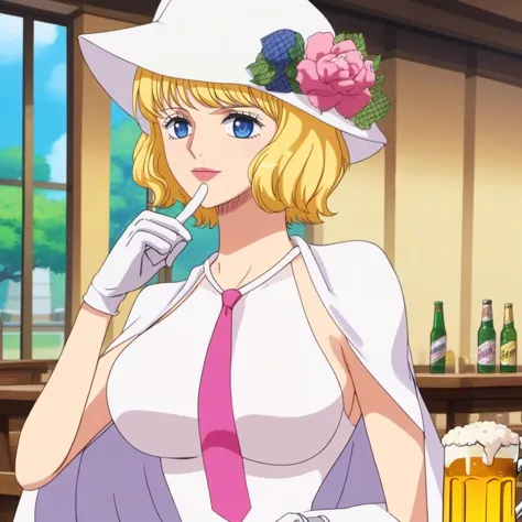 anime artwork a woman, short blonde hair,  blue eyes, gloves, necktie, white dress, hat flower, handbag, large breast, having a beer in a pub  <lora:Stussy1024:0.8> . anime style, key visual, vibrant, studio anime,  highly detailed