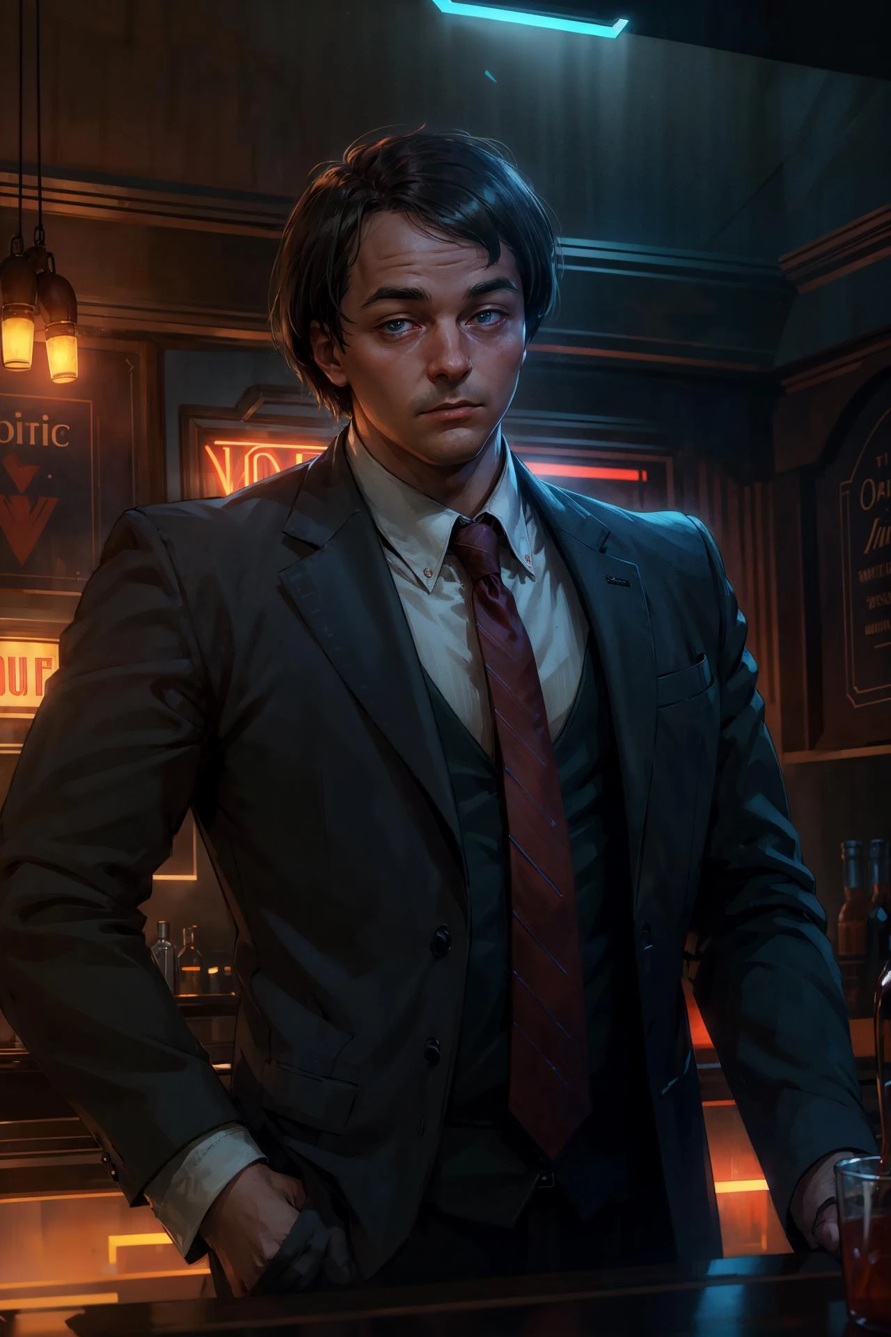 ((masterpiece, best quality, high quality, highres, ultra-detailed)), jmil, (black suit:1.2), white shirt, red necktie,  upper body, (looking at viewer:1.3),  (solo:1.2), 1man, (bar:1.3), (red neon lights:1.2),  bar counter, (vodka bottle:1.1), alcohol, wooden interior, 
(cinematic look:1.4), soothing tones, insane details, intricate details, hyperdetailed, low contrast, soft cinematic light, dim colors, exposure blend, hdr, faded, slate gray atmosphere