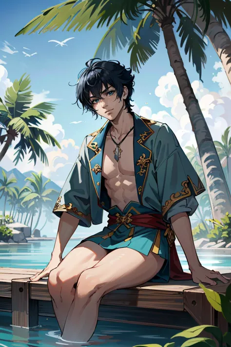 ((ultra detailed, masterpiece, absurdres))
 <lora:BGGortash:0.8>
BGGortash, 1boy, short hair, black hair, sitting, Aqua Blue Lagoon with Overhanging Palm Trees