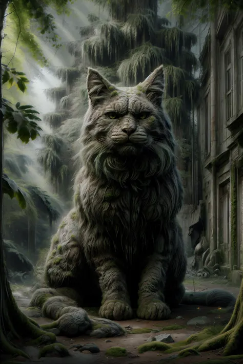 (yulecat2023), (1 giant cat, glowing eyes, long hair), 
(ancient-ruin-forest), lush, green wilderness, tropical rainforest, towering trees, exotic foliage, wildlife, heart of dense forest, ancient ruins, crumbling temples, jungle, overgrown, vines, moss, Wildlife, Foliage, Canopy, Undergrowth, Ecosystem, Flora, Fauna, ancient civilization, Mosquitia, soil erosion, 
(long shot:1.5), (front view:1.3), (perfect proportions, perfect anatomy), 10mm, Fuji X-T5, natural lighting, high quality, ultra high res, 8k, HDR, photorealistic, OverallDetail, (Hi-res fix), nsfw, 
<lora:yulecat2023:1> 
<lora:ancient-ruin-forest:1>  
 <lora:ral-ovrgrwth:1>
 <lora:add_detail:1> 
 <lora:hairdetailer:1>