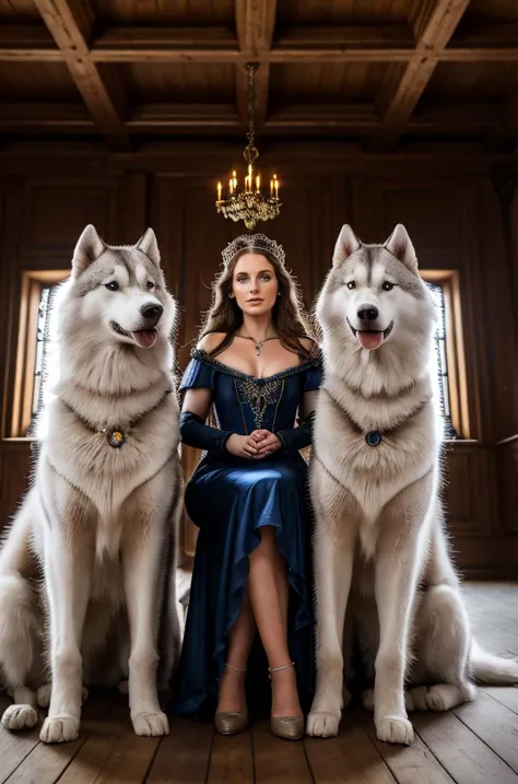 professional photograph of a pack of big siberian huskies, in a medieval palace, warm lighting 4k, masterpiece, highest quality, bokeh, realistic lighting, the siberian huskies are alongside three dark haired beautiful medieval Polish maidens wearing dresses.