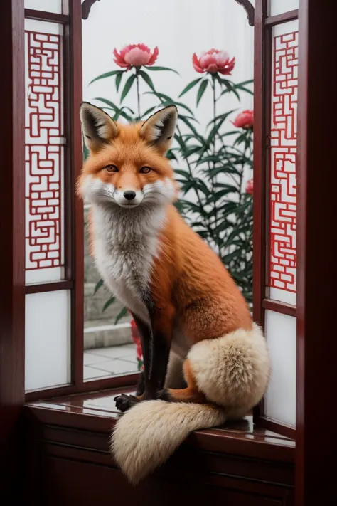 a fox wearing a white cheongsam with peony pattern, sitting by a red Chinese window