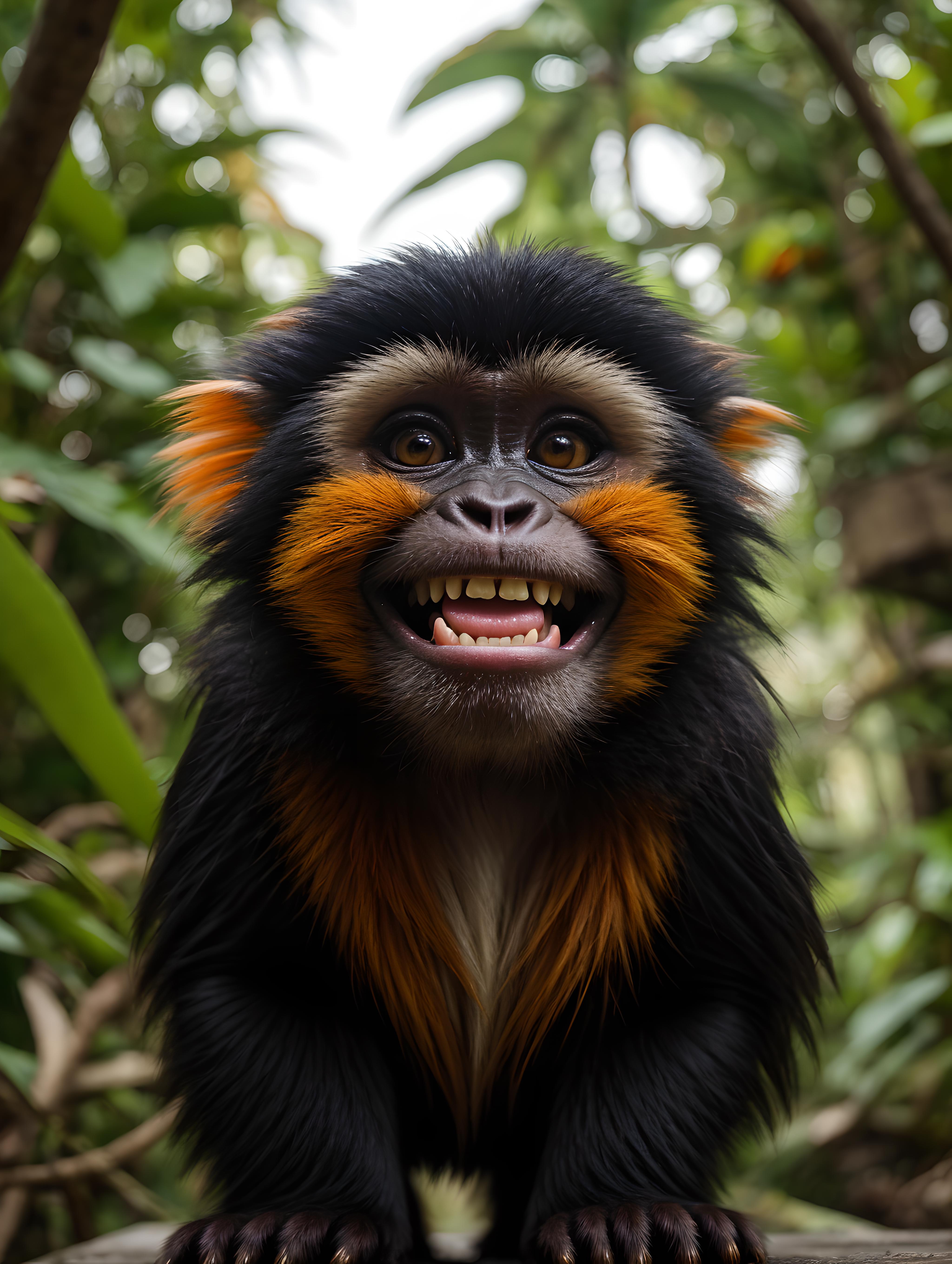 Arafed monkey with orange and black fur standing on a log - SeaArt AI