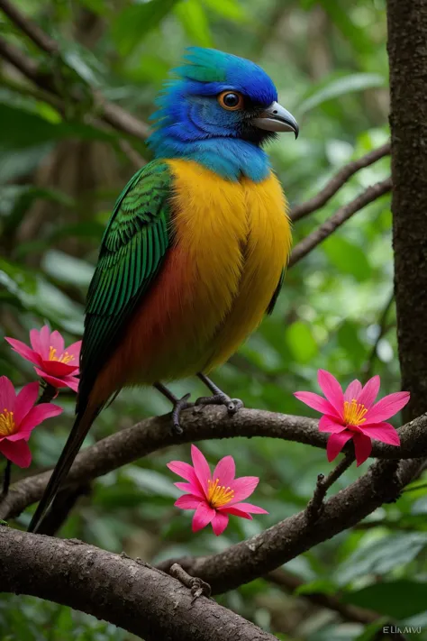 brightly colored bird perched on branch with pink flowers in foreground