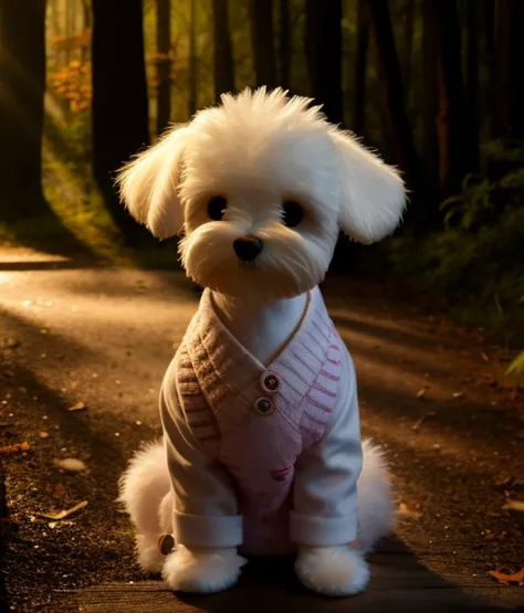 arafed white dog wearing a sweater sitting on a path in the woods