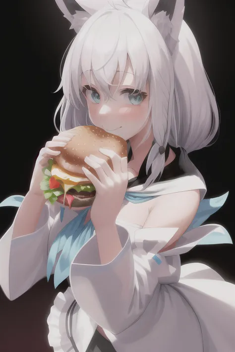 anime girl with white hair eating a hamburger with a bun