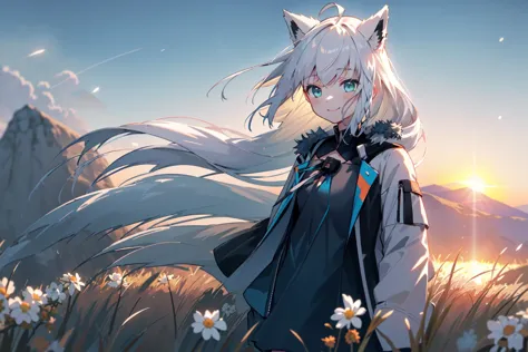 anime girl with long white hair standing in a field of flowers