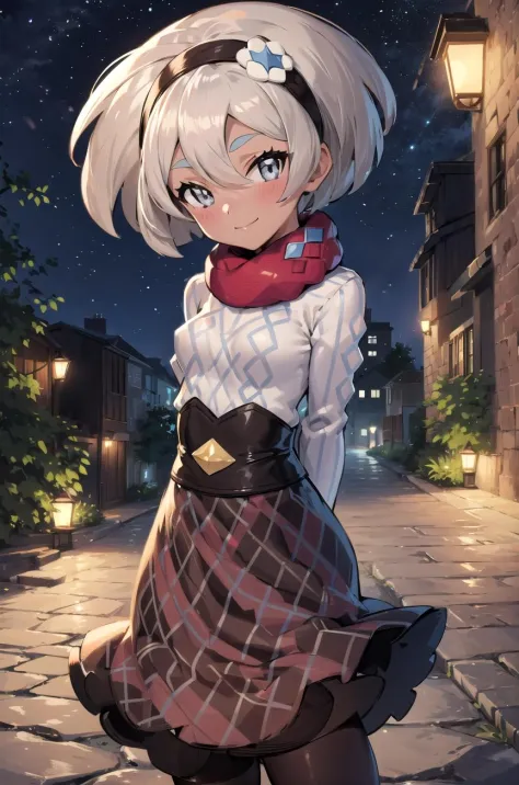 (masterpiece,best quality, detailed), 1girl, solo, outdoors, night, park, smile, closed mouth, looking at viewer, cowboy shot, head tilt, blush, arms behind back, dutch angle,
bea \(pokemon\), alternate costume, black hairband, hair ornament, red scarf, white sweater, brown dress, black pantyhose, flower, <lora:SaitouV1-000013:1>