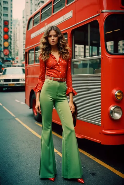 Foto Polaroid de uma mulher com estética vintage dos anos 70, Cabelo ondulado, parte inferior do sino, tons quentes, cores desbotadas, sensação nostálgica, candid pose. 
Estilo de fotografia de belas artes 