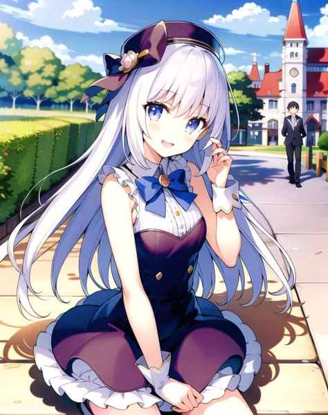 anime girl sitting on the ground with her hand on her hip