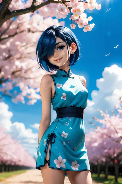 under tree, cherry blossom, smile, silhouette, see through, floating hair, wind, clouds, sunlight, blue sky, bokeh, backlighting, high quality, masterpiece, <lora:girllikeundertree:.7>
MarieK, short blue hair, black eyes, ear piercing, hair over one eye, freckles, looking at viewer, serious, smiling, standing, hands behind back, cheongsam, sleeveless, sash, floral print, <lora:Mariekanker:.7>