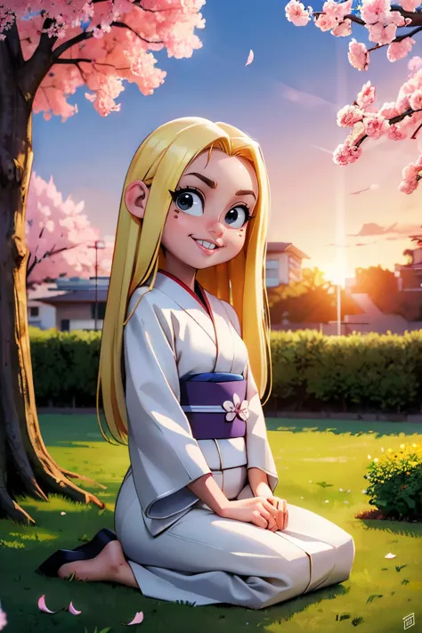 MayK, long blonde hair, buck teeth, black eyes, traditional kimono, sash, long sleeves, looking at viewer, serious, sitting,seiza, outside, garden, cherry blossom, sunset,  high quality, masterpiece <lora:Maykanker:.7>