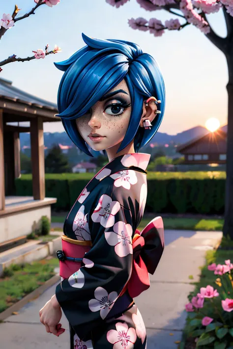 a close up of a person in a kimono outfit with a blue hair