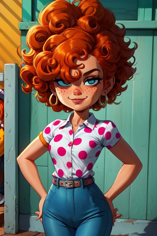 LeeK, curly orange hair, freckles, hair over eyes:1.2,  standing, cowboy shot, hands on hips, smug expression, 
LeeATT, denim pants, white shoes, earrings, polka dot shirt, belt ,
picket fence,morning  cartoon, 
(insanely detailed, beautiful detailed face, masterpiece, detailed eyes, best quality)     