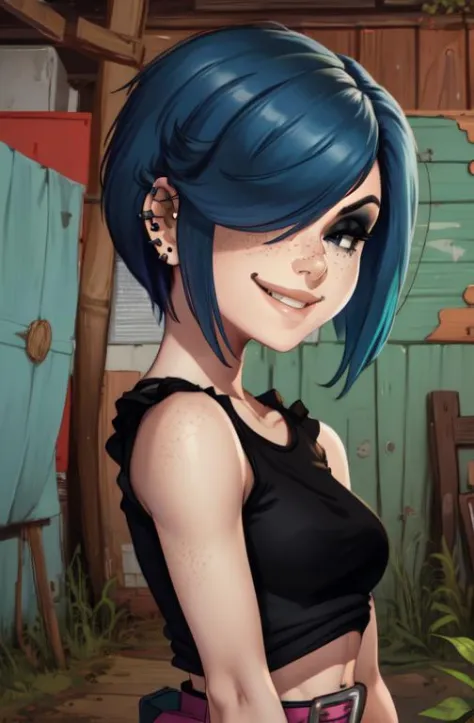 MarieK,short blue hair,ear piercing,hair over one eye,freckles,black eyes,makeup,
standing,smiling,  upper body, 
black shirt,bl...