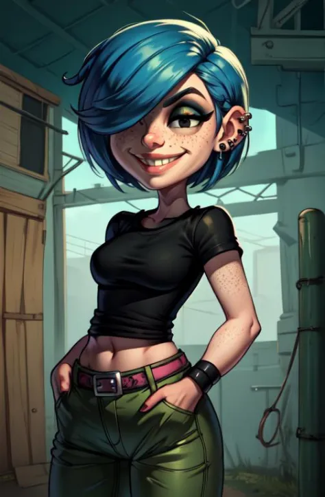 MarieK,short blue hair,ear piercing,hair over one eye,freckles,black eyes,makeup,standing,hand in pockets,smiling, 
green pants,black shirt,black wristbands,midriff,belt, 
picket fence,morning,
(insanely detailed, beautiful detailed face, masterpiece, best...