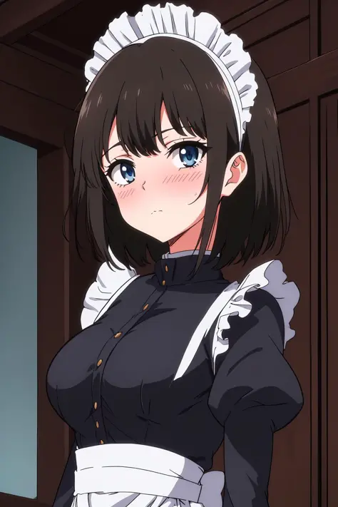 rurikawa tsubaki, 1girl, solo, breasts, looking at viewer, short hair, bangs, blue eyes, brown hair, black hair, closed mouth, upper body, puffy sleeves, medium hair, maid, maid headdress, expressionless, indoor, blush <lora:rurikawa-tsubaki-000005:0.8>