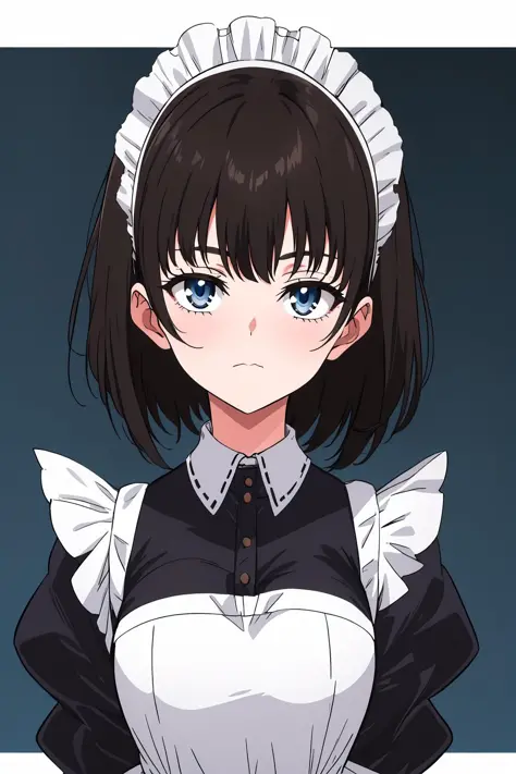 rurikawa tsubaki, 1girl, solo, breasts, looking at viewer, short hair, bangs, blue eyes, brown hair, black hair, closed mouth, upper body, puffy sleeves, medium hair, maid, maid headdress, expressionless 