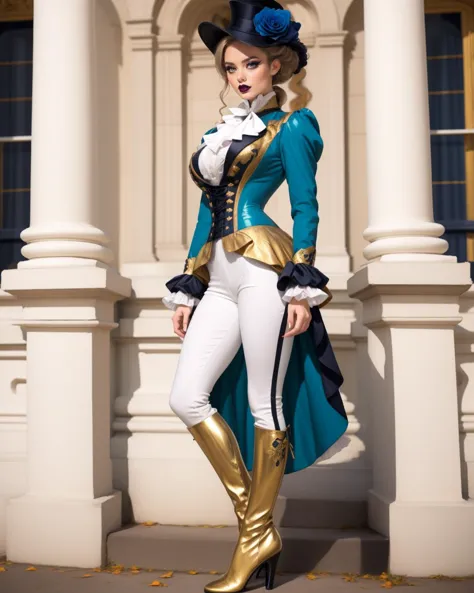 a woman in a blue and gold costume posing for a picture