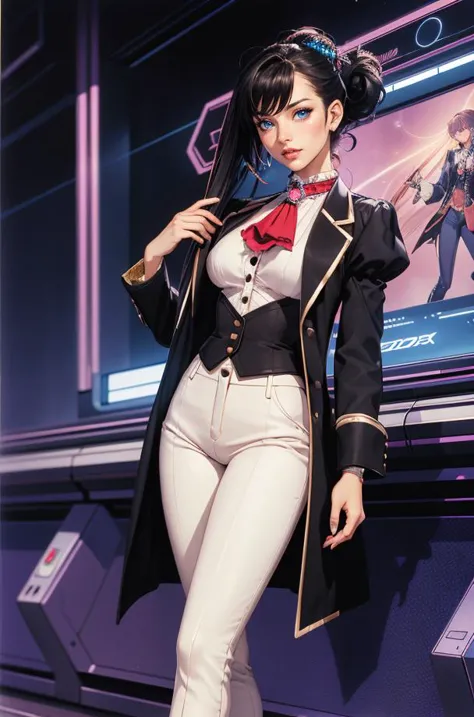 highly detailed woman, HHUD, <lora:HUD3:1>, Lora:HUD2:0.6>, __,  __CC_lipstick_normal_color__, with modern style, radiant light, unreal engine, wearing r1d3r, (formal jacket), long sleeves, (tailcoat), white pants, ascot, frills, high collar,  high heel boots, cuffs, buttons, flower, puffy sleeves,<lora:<lora:VictorianRidingOutfit:0.75>, __CC_female_hair_style_sexy__ , black hair,  blue eyes, Vintage 90's anime style,__CC_various_background__, by hajime sorayama, greg tocchini, virgil finlay, sci-fi, colors, line art.