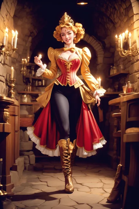 analog film photo anime artwork, adult beautiful woman, high quality, best quality, highres, high detail, rim lighting,from below, <lora:Outfit_soph-VictorianRidingDressRoyal:0.75> r1d3r victorian fashion, (Glorious Golden Sun theme) jacket, pants,  trim, white cuffs, (ornate headpiece) frills, corset, stand up collar, sunset, bokeh, large breasts, cleavage, bowtie, Cozy Florentine Wine Cellar with flickering candlelight illuminating rustic stone walls, creating an intimate atmosphere for savoring fine wine and conversation. (grand hall background) tapestries  high heel boots, walking, smiling . vibrant, studio anime, highly detailed,  ((art by Takahiro Kimura)) (cel shading), line art . faded film, desaturated, 35mm photo, grainy, vignette, vintage, Kodachrome, Lomography, stained, highly detailed, found footage