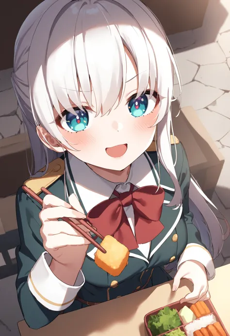 1girl,sincos, ningen mame, toosaka asagi,solo,medium breasts,school uniform,
feeding, food, open mouth, incoming food, looking at viewer, holding chopsticks, bento, <lora:feeding_XL_v1:0.9>
from above, portrait, white hair, aqua eyes,teasing smile, monastery, bow-shaped hair,,
best quality, very aesthetic, absurdres