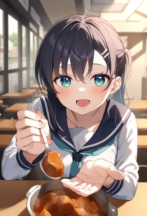 anime girl eating a bowl of food with a spoon in her hand