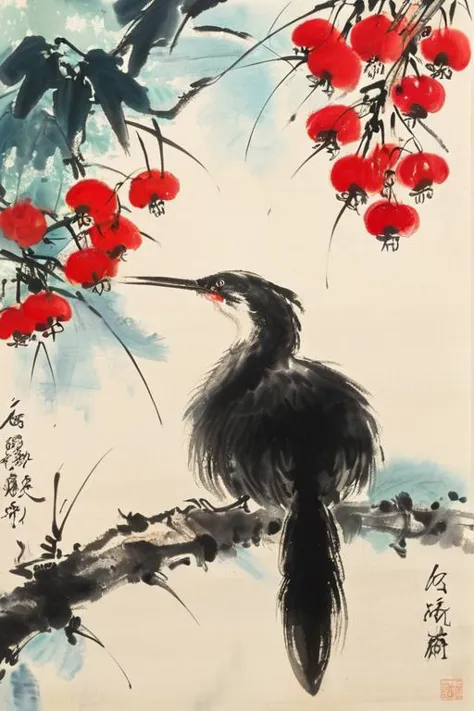 a painting of a bird sitting on a branch of a tree