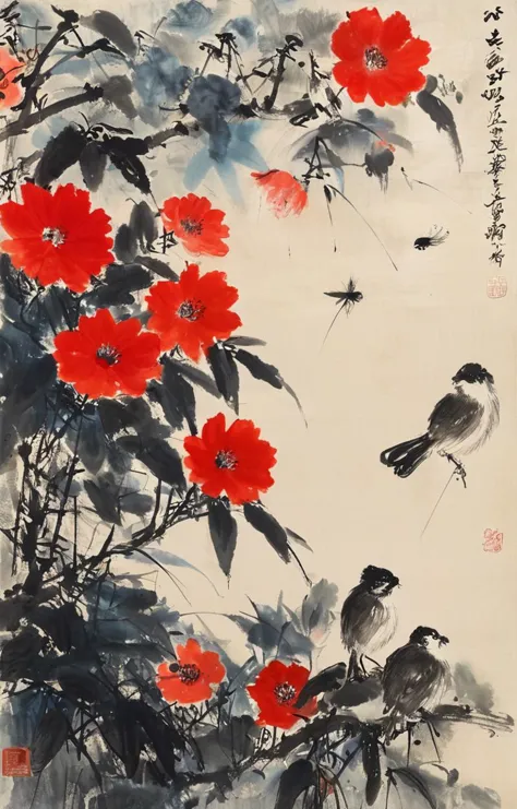 a painting of birds and flowers on a branch with leaves