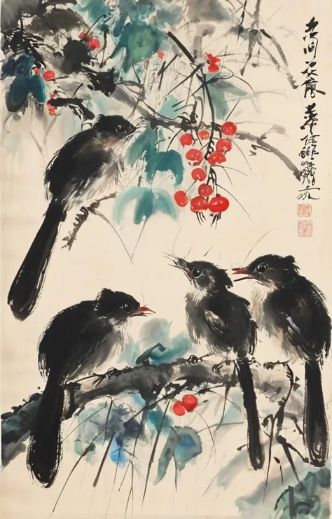 a painting of three birds sitting on a branch with berries