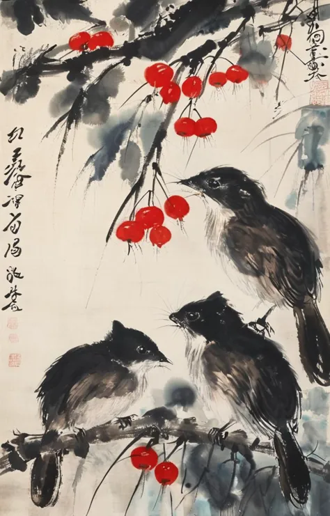 a close up of a painting of birds on a branch with berries