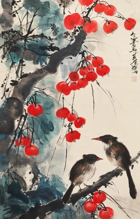 a close up of a painting of two birds on a tree branch