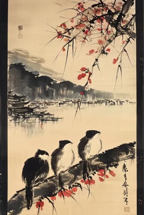 a close up of a painting of birds on a branch near water