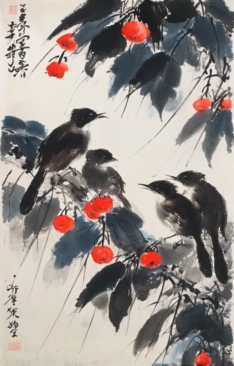 a close up of a painting of birds on a tree branch