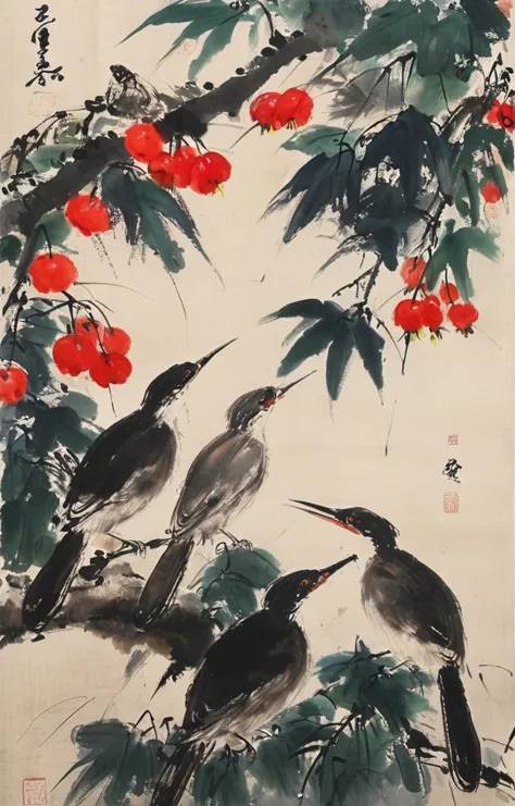 a close up of a painting of birds on a tree branch