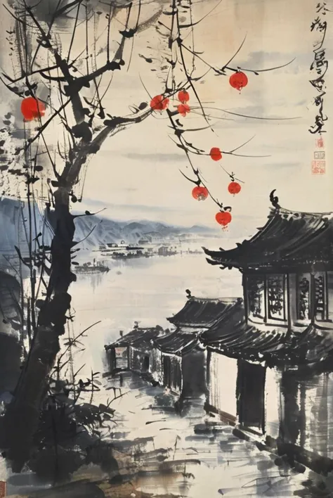 a painting of a tree with red lanterns hanging from it