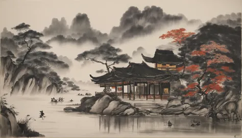 painting of a chinese landscape with a pagoda and a river