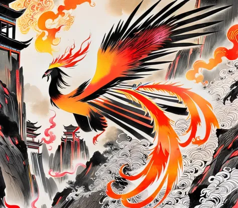 Phoenix, (flaming feathers), wings, ([fiery eyes|sharp beak]:1.2), [radiant plumage::10], vibrant ([feathery tail:molten claws:0...