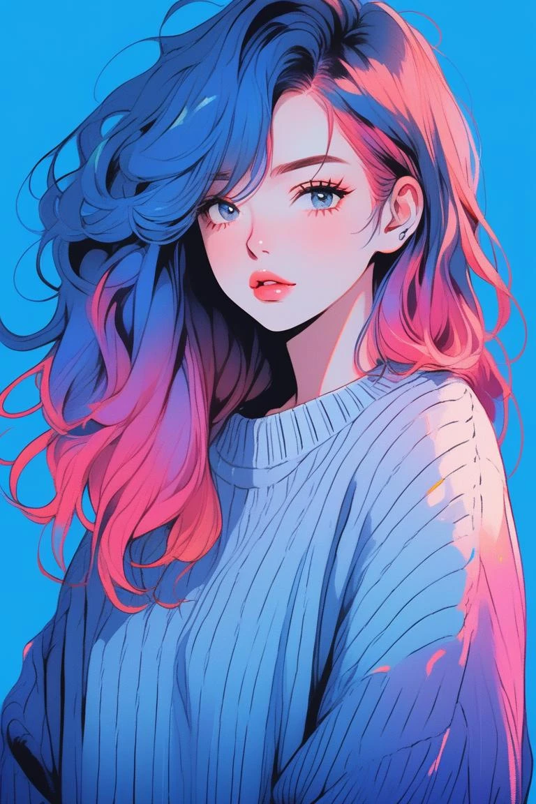 ilustrador, anime , realista ,esboço , 1 garota, ,lábio, suéter,ordem, Fundo gradiente azul, cabelo neon,Corte texturizado, canadense, (Obra de arte,melhor qualidade)