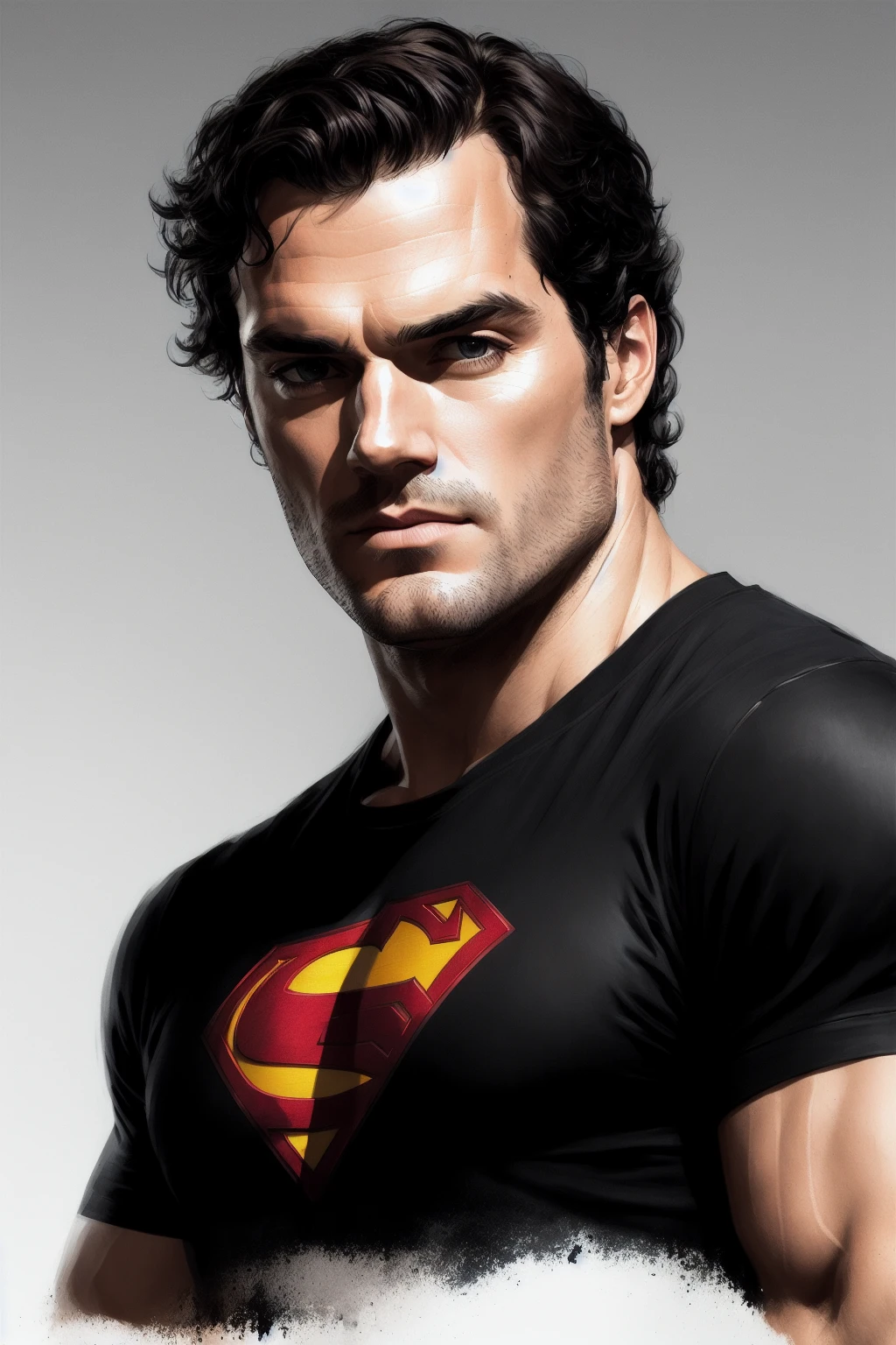 Porträt eines Henry Cavill von Greg Rutkowski, trägt ein schwarzes T-Shirt, hochdetailliertes Porträt, digitale Zeichnung, artstation, Konzeptkunst, Glatt, scharfe Fokus-Illustration, Artstation HQ.