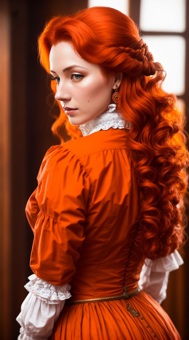 tiktok girl, (from_behind:1.3) (lying:1.2) redhead , wavy_hair , victorian era , orange (open shirt) , on ramparts , jewelry, (full_body:1.4), (realistic:1.4), masterpiece, high quality, realistic lighting, center of frame, 8k, hdr, amateur, face scar