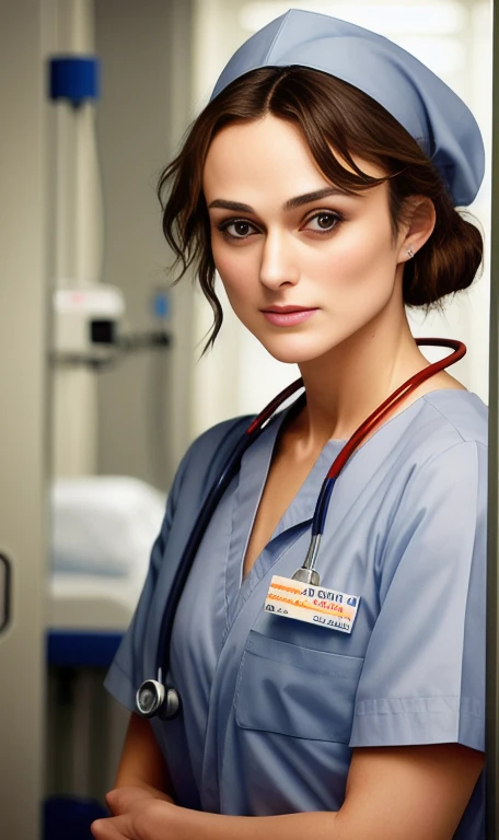 PORTRAIT, REALISTIC, PHOTOREALISTIC, Keira Knightley, a medical nurse, At hospital, E.R,