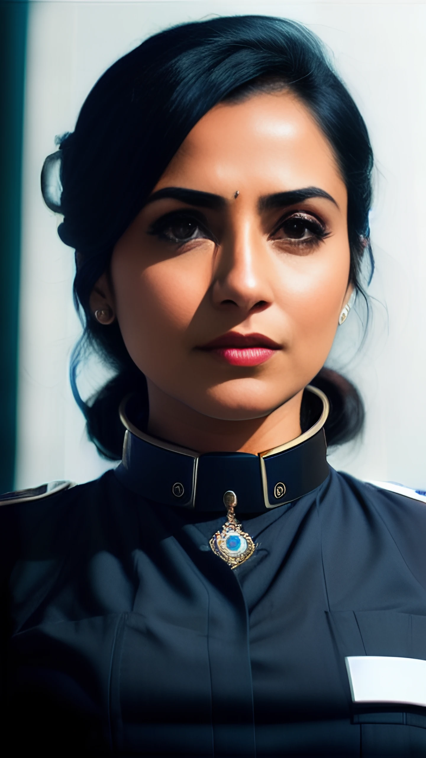 modelshoot style, (extremely detailed 8k wallpaper), A photograph of a indian female flight attendant in front of the camera, looking into the camera, (((dominant))),(arrogant), jewelry, (((posing))), ((sci fi)), cold light, (((((((((low angle))))))))), (wide angle), (((full body))), raised head, (fit), ((((photoreal)))), (((skin detail))), high detail, centered, Intricate, High Detail, Sharp focus, dramatic, (vibrant, photo realistic, realistic, dramatic, dark, sharp focus, 8k), ((85mm)), the expanse