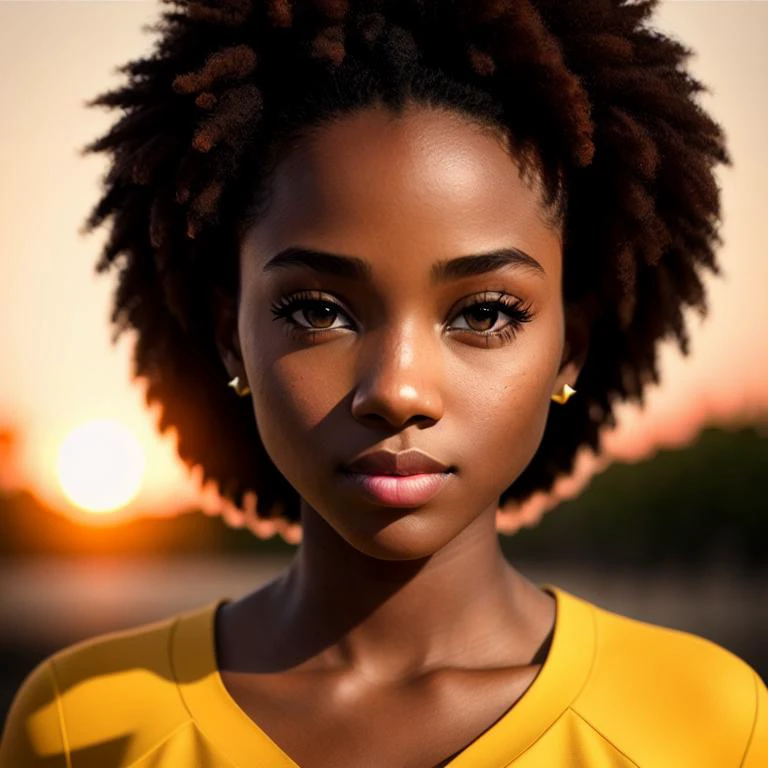 full body, staring a at camera, extremely detailed CG unity 8k, real skin, natural lighting, low contrast, sunset, beautiful eyes, black girl, yellow top, Intricate, High Detail, Sharp focus, dramatic, photorealistic art