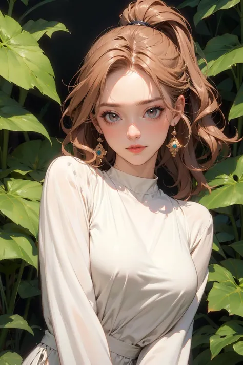 perfect face, perfect anatomy, ponytail, brown_hair, big tits, 20yo, 1girl, young woman, skin imperfection, pale skin, perfect face, puffy face, beautiful face, big eyes, puffy eyes, perfect eyes, eyelashes, full body, looking at viewer ,Botanical Gardens ...