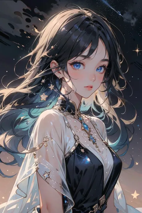 upper body, looking at viewer, fanxing, 1girl, solo, very long hair, stars in the eyes, see_through, (((glistening light))), (luminous), detailed shadow, meteor, stars, galaxy, nebula, stars in dress, messy floating hair, colored inner hair, Starry sky ado...