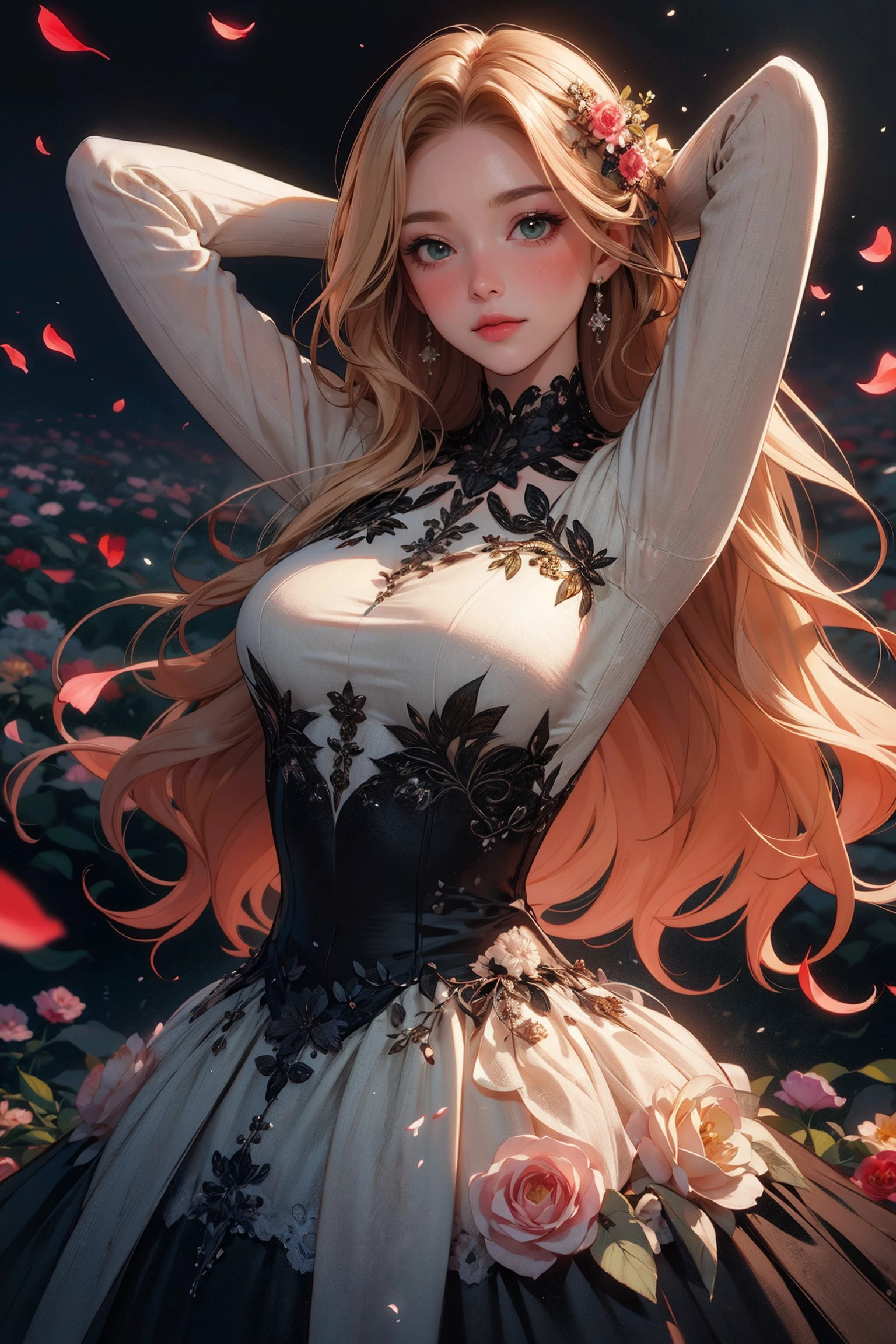 (masterpiece, best quality, ultra-detailed:1.3), 1girl, arms behind head, (smile:0.5) edgPetal, a woman wearing a black dress made of flower petals, wearing edgPetal, garden background, dimly lit BREAK (long blonde hair), mid parted hair  