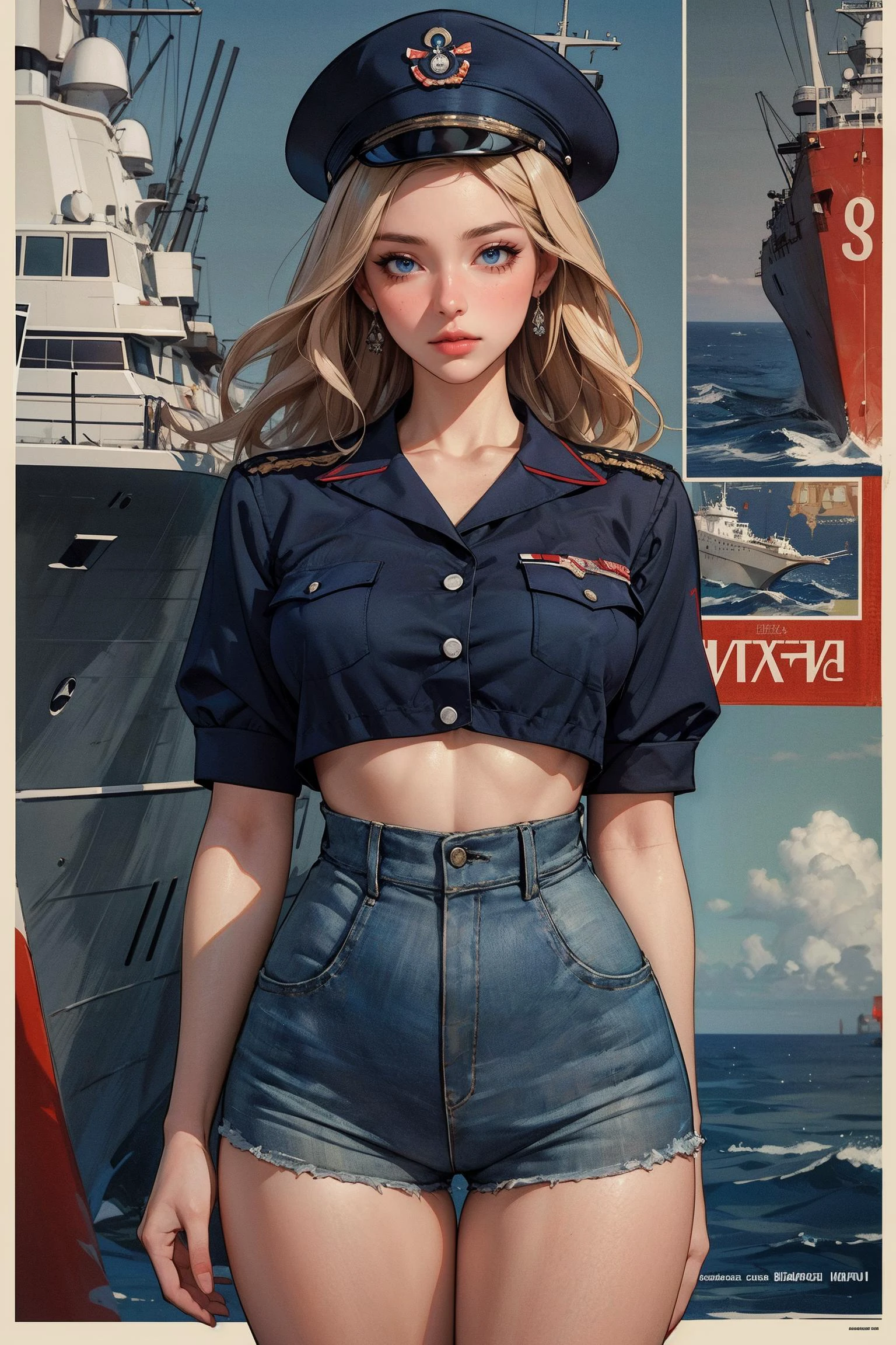 (masterpiece, best quality, ultra-detailed:1.3), ((perfect female body, narrow waist)), (naval warship at sea), 1girl, looking at viewer, (intricate detail, sexy, cool, alluring, erotic), parted lips, (masterpiece:1.2, best quality), (masterpiece, best quality, ultra-detailed), short shorts, uniform, captain hat, (soviet poster:1.1)