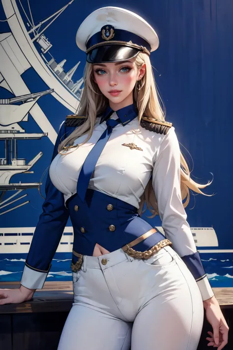 (masterpiece, best quality, ultra-detailed:1.3), perfect female body, narrow waist, perfect curves, (naval warship at sea), 1girl, looking at viewer, (intricate detail, sexy, cool, alluring, erotic), parted lips, white parade uniform, white pants, uniform,...